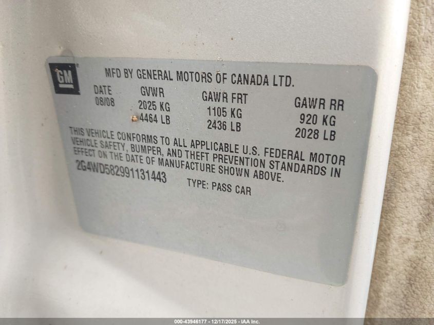 2009 Buick Lacrosse Cxl VIN: 2G4WD582991131443 Lot: 43946177