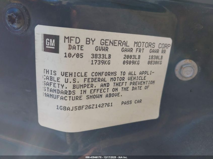 2006 Saturn Ion 2 VIN: 1G8AJ58F26Z142761 Lot: 43946178