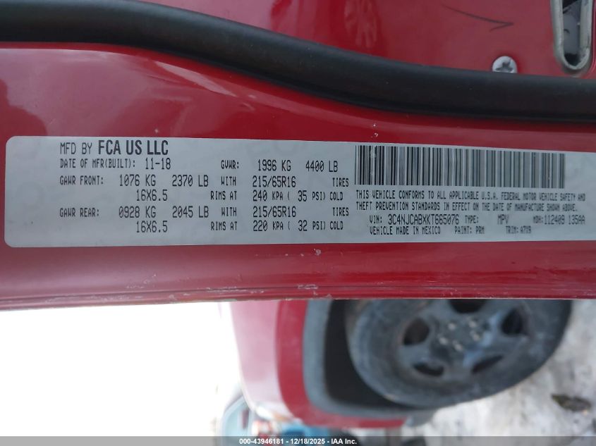 2019 Jeep Compass Sport Fwd VIN: 3C4NJCABXKT665076 Lot: 43946181