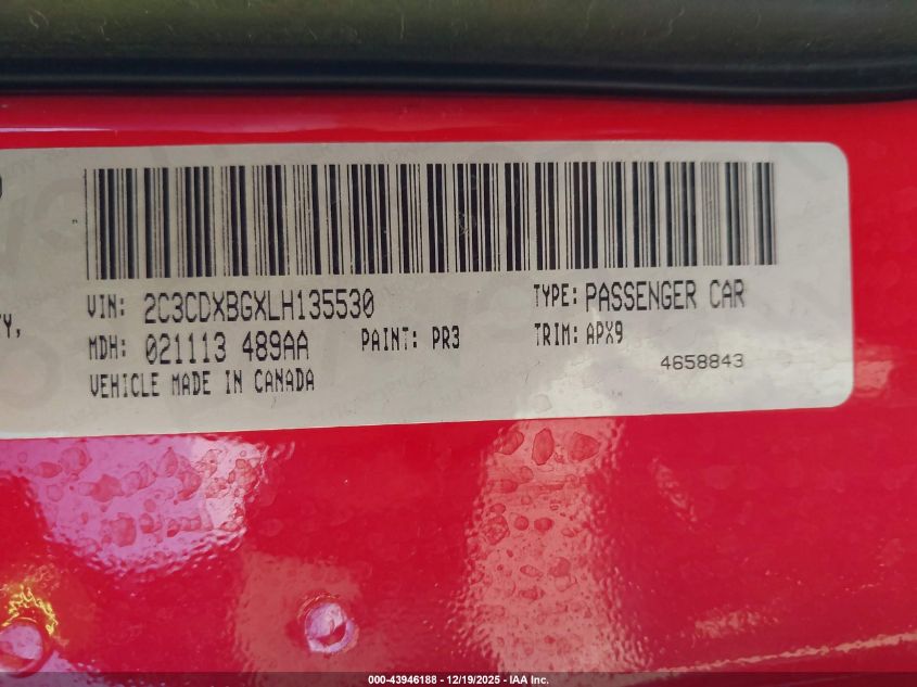 2020 Dodge Charger Sxt Rwd VIN: 2C3CDXBGXLH135530 Lot: 43946188