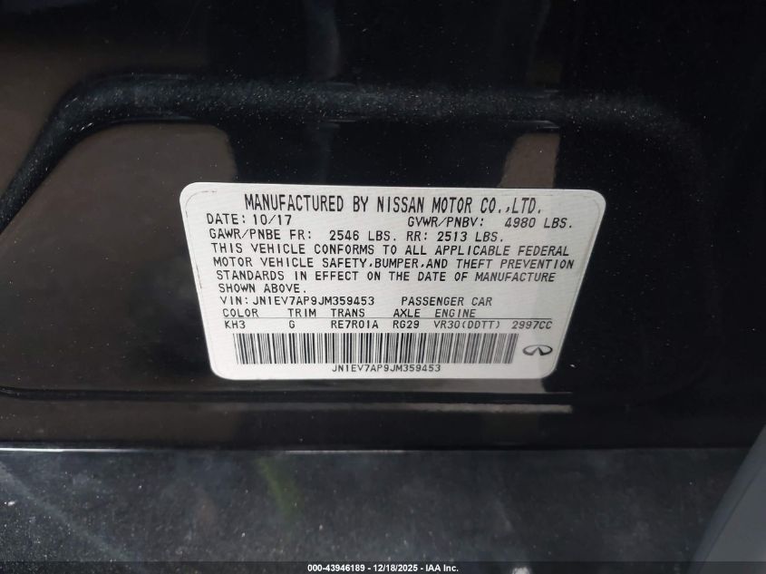 2018 Infiniti Q50 3.0T Luxe VIN: JN1EV7AP9JM359453 Lot: 43946189