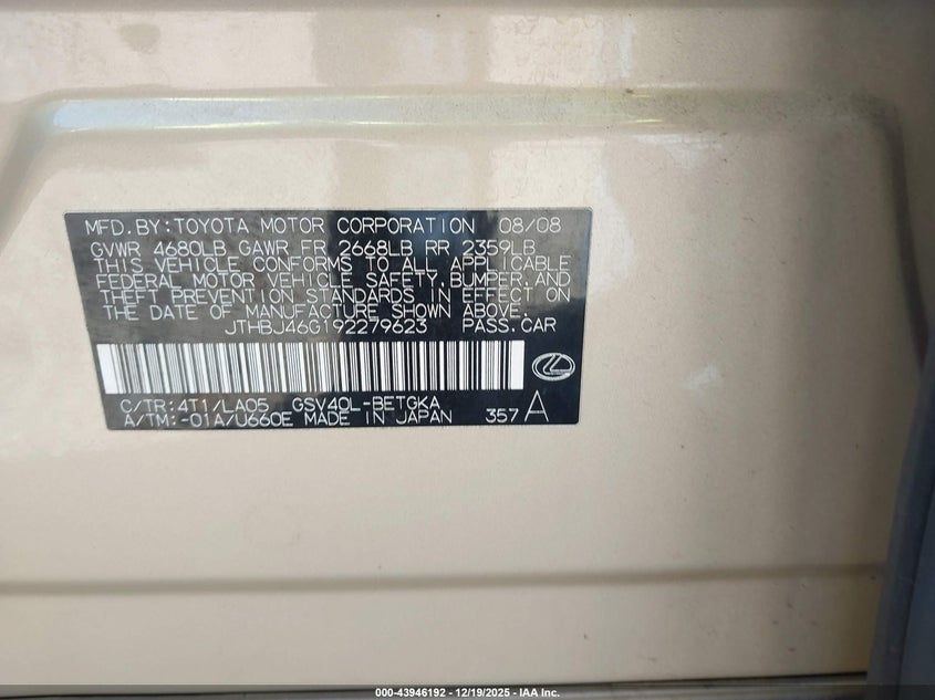 JTHBJ46G192279623 2009 LEXUS ES photo no. 9