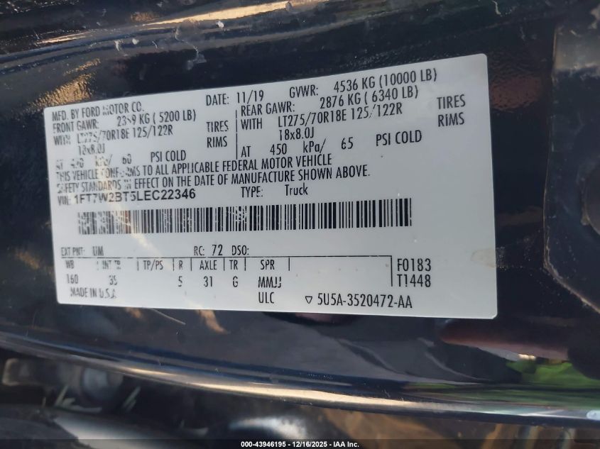 2020 Ford F-250 Xlt VIN: 1FT7W2BT5LEC22346 Lot: 43946195