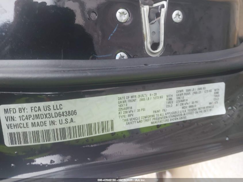 2020 Jeep Cherokee Limited 4X4 VIN: 1C4PJMDX3LD643806 Lot: 43946198