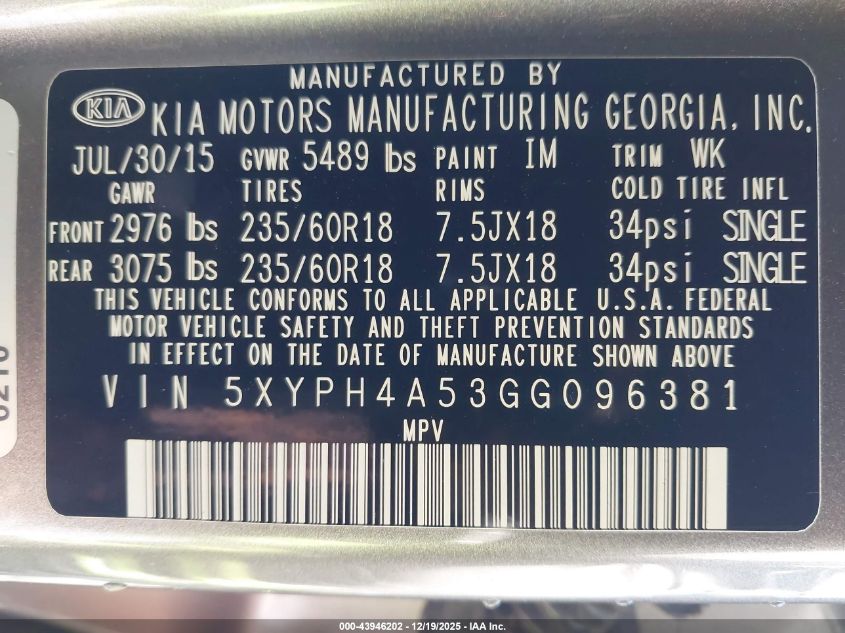 2016 Kia Sorento 3.3L Ex VIN: 5XYPH4A53GG096381 Lot: 43946202