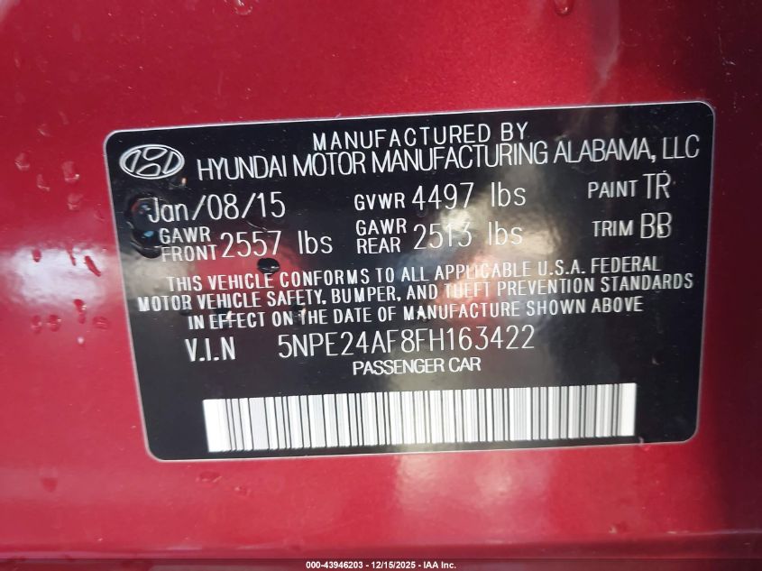 2015 Hyundai Sonata Se VIN: 5NPE24AF8FH163422 Lot: 43946203
