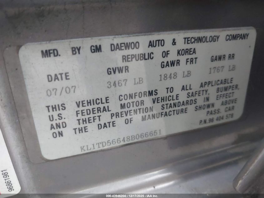 2008 Chevrolet Aveo Ls VIN: KL1TD56648B066651 Lot: 43946204