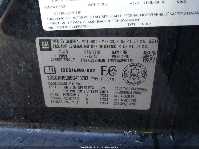2014 Chevrolet K1500 1Lt/2Lt VIN: 3GCUKREC6EG408783 Lot: 43946214