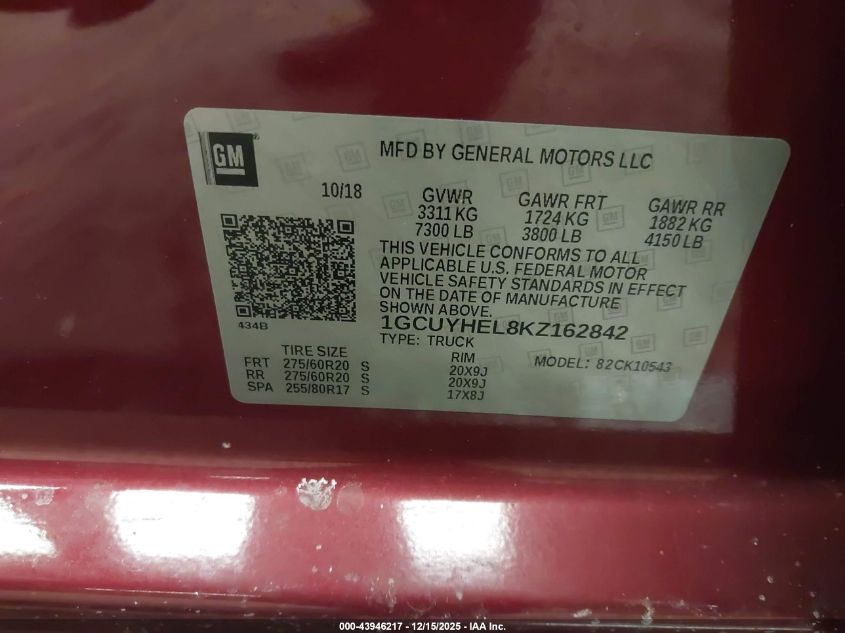 2019 Chevrolet Silverado 1500 High Country VIN: 1GCUYHEL8KZ162842 Lot: 43946217