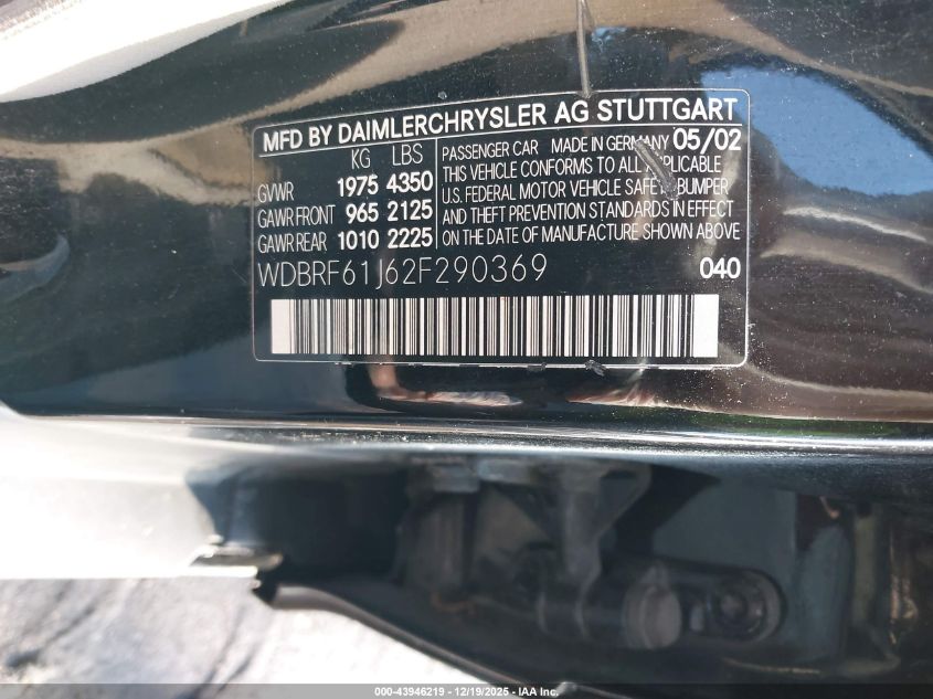 2002 Mercedes-Benz C 240 VIN: WDBRF61J62F290369 Lot: 43946219