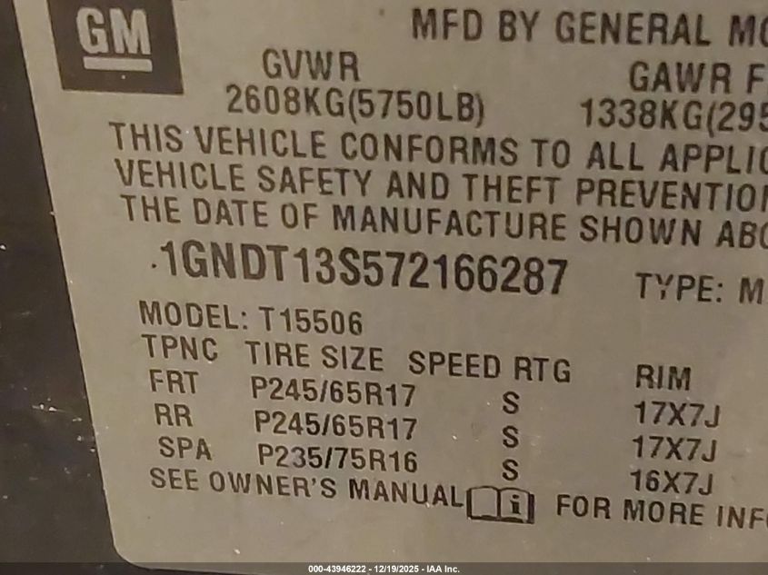 2007 Chevrolet Trailblazer Lt VIN: 1GNDT13S572166287 Lot: 43946222