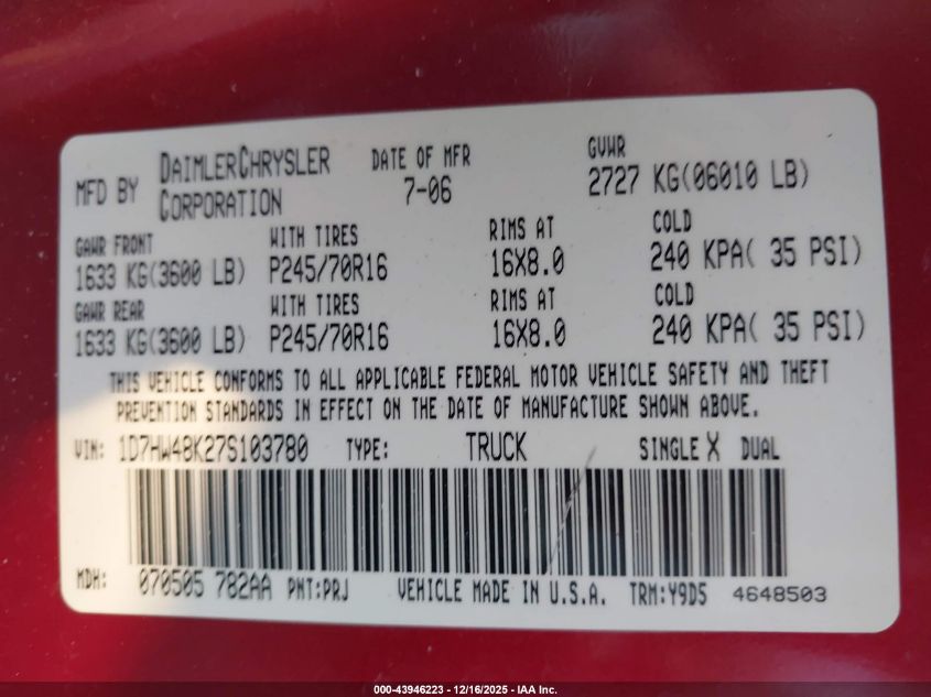 2007 Dodge Dakota Slt VIN: 1D7HW48K27S103780 Lot: 43946223
