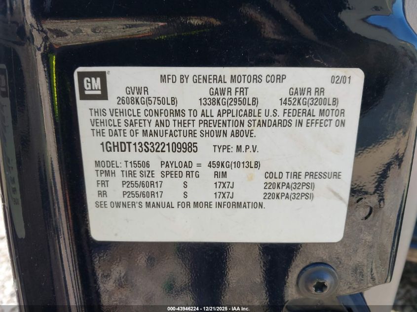 2002 Oldsmobile Bravada VIN: 1GHDT13S322109985 Lot: 43946224