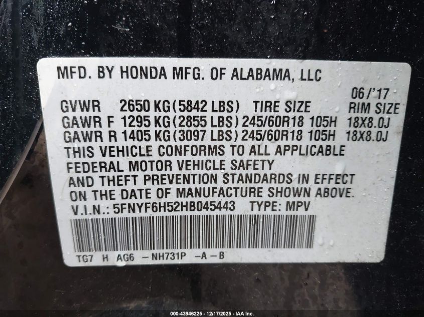 2017 Honda Pilot Ex-L VIN: 5FNYF6H52HB045443 Lot: 43946225