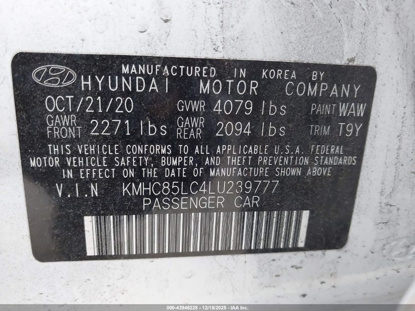 2020 Hyundai Ioniq Hybrid Sel VIN: KMHC85LC4LU239777 Lot: 43946228