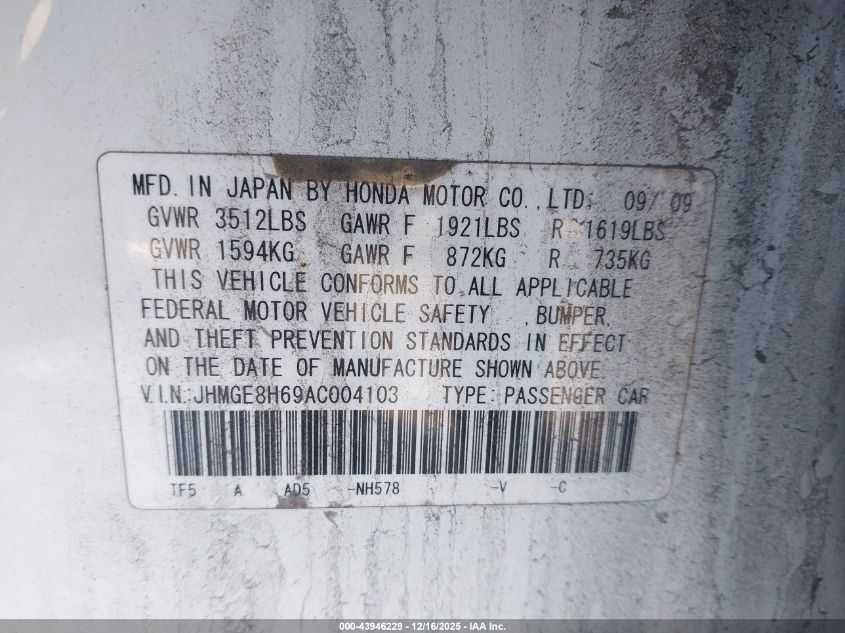 2010 Honda Fit Sport VIN: JHMGE8H69AC004103 Lot: 43946229