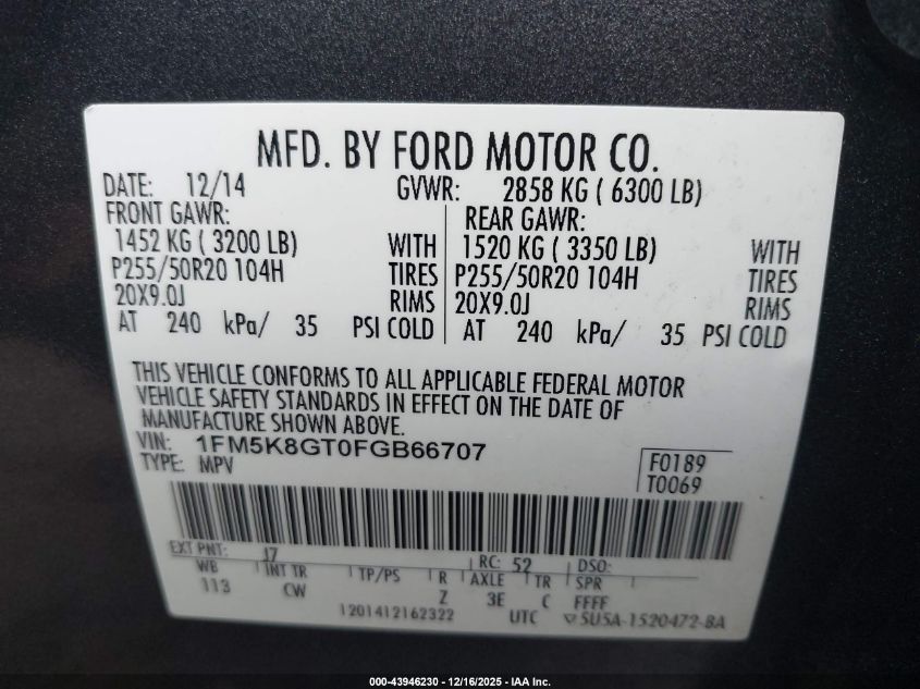 2015 Ford Explorer Sport VIN: 1FM5K8GT0FGB66707 Lot: 43946230