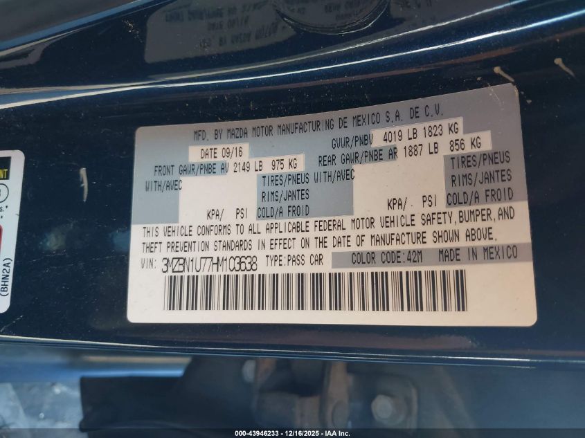 2017 Mazda Mazda3 Sport VIN: 3MZBN1U77HM103638 Lot: 43946233