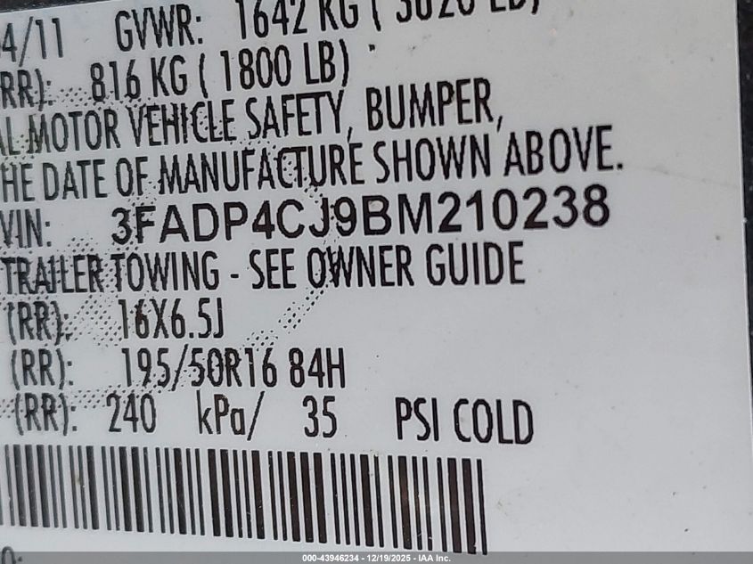 2011 Ford Fiesta Sel VIN: 3FADP4CJ9BM210238 Lot: 43946234