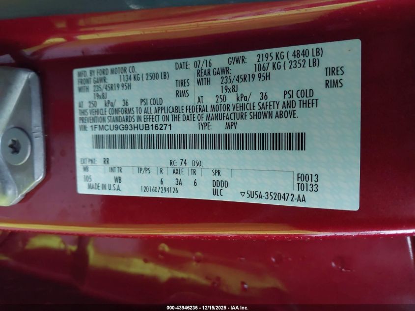 2017 Ford Escape Se VIN: 1FMCU9G93HUB16271 Lot: 43946236