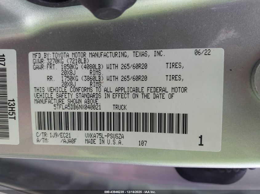 2022 Toyota Tundra Sr5 VIN: 5TFLA5DB6NX040021 Lot: 43946239