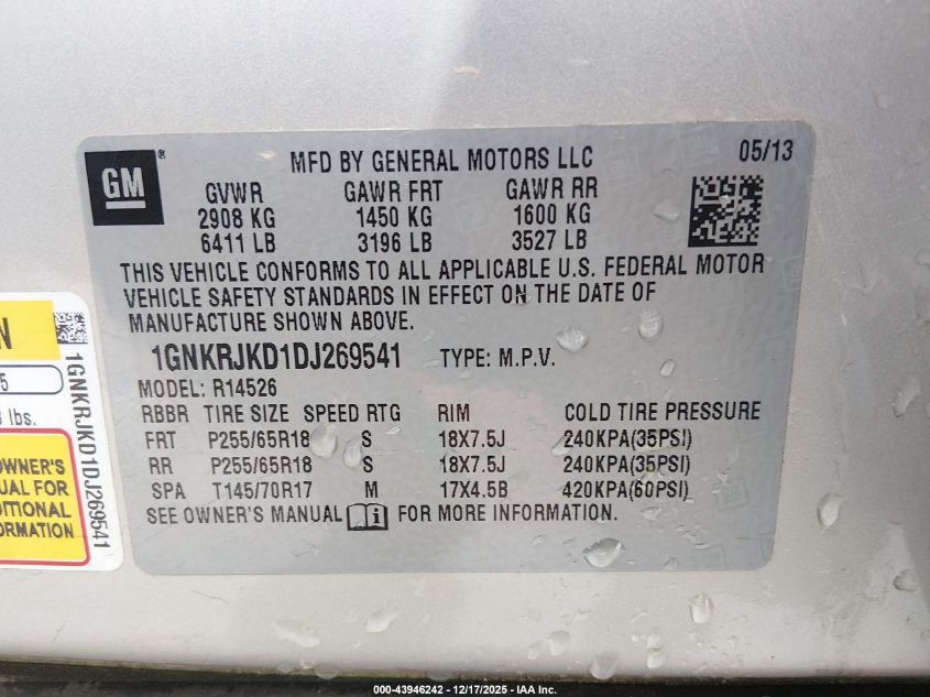 2013 Chevrolet Traverse 2Lt VIN: 1GNKRJKD1DJ269541 Lot: 43946242