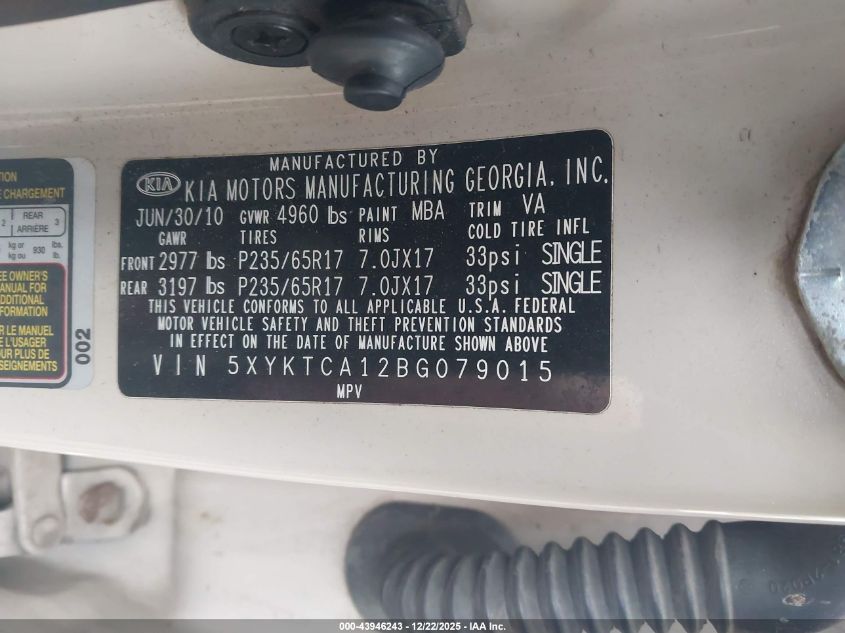 2011 Kia Sorento Lx VIN: 5XYKTCA12BG079015 Lot: 43946243