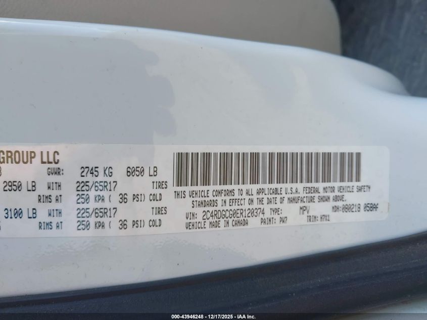 2014 Dodge Grand Caravan Sxt VIN: 2C4RDGCG0ER120374 Lot: 43946248