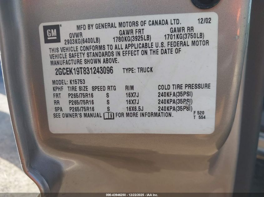2003 Chevrolet Silverado 1500 Lt VIN: 2GCEK19T831243096 Lot: 43946250