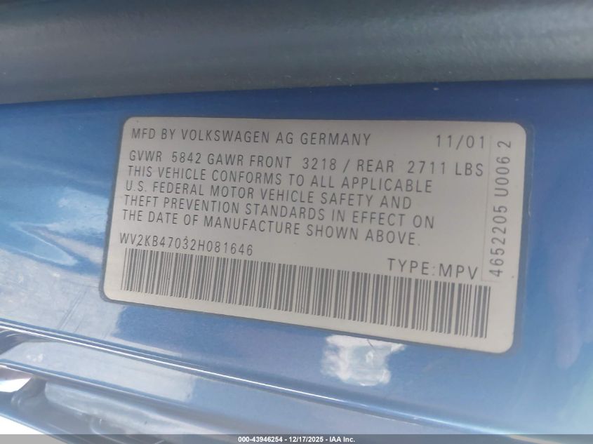 2002 Volkswagen Eurovan Gls VIN: WV2KB47032H081646 Lot: 43946254