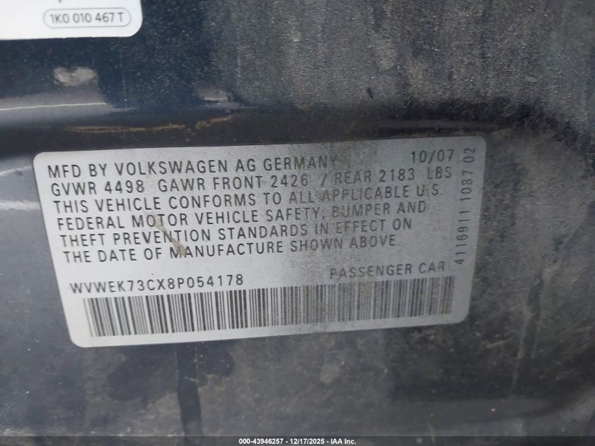 2008 Volkswagen Passat Lux VIN: WVWEK73CX8P054178 Lot: 43946257