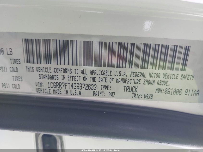 2016 Ram 1500 Express VIN: 1C6RR7FT4GS372633 Lot: 43946262