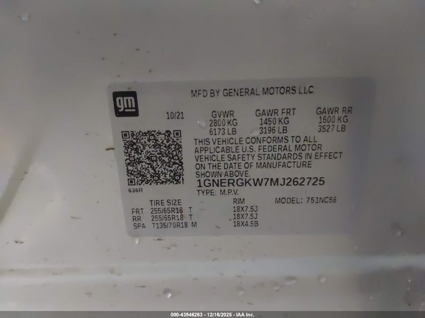 2021 Chevrolet Traverse Fwd Lt Cloth VIN: 1GNERGKW7MJ262725 Lot: 43946263