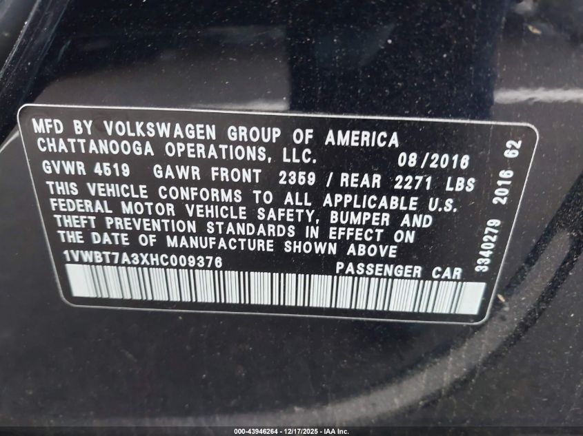 2017 Volkswagen Passat 1.8T Se VIN: 1VWBT7A3XHC009376 Lot: 43946264