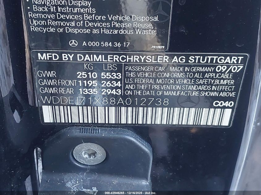 2008 Mercedes-Benz Cl 550 VIN: WDDEJ71X88A012738 Lot: 43946265