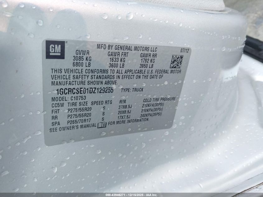 2013 Chevrolet Silverado 1500 Lt VIN: 1GCRCSE01DZ129255 Lot: 43946271