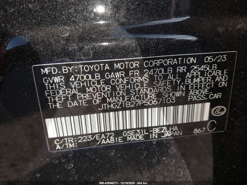 2023 Lexus Is 350 F Sport VIN: JTHGZ1B27P5067103 Lot: 43946273