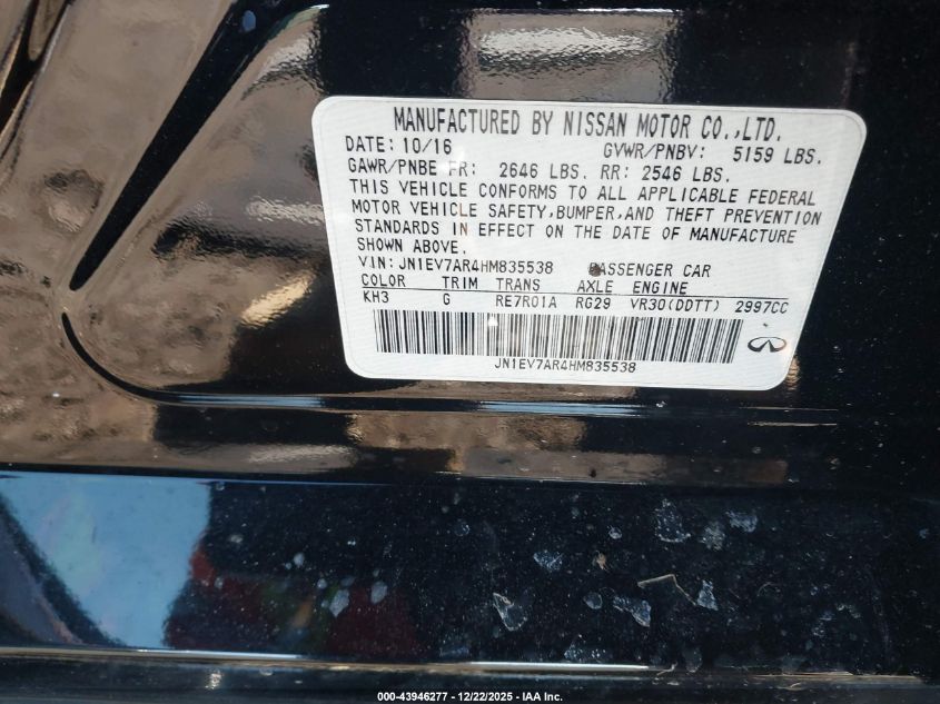 2017 Infiniti Q50 3.0T Premium VIN: JN1EV7AR4HM835538 Lot: 43946277