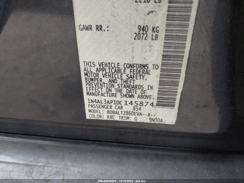 2013 Nissan Altima 2.5 Sv VIN: 1N4AL3AP1DC145874 Lot: 43946282