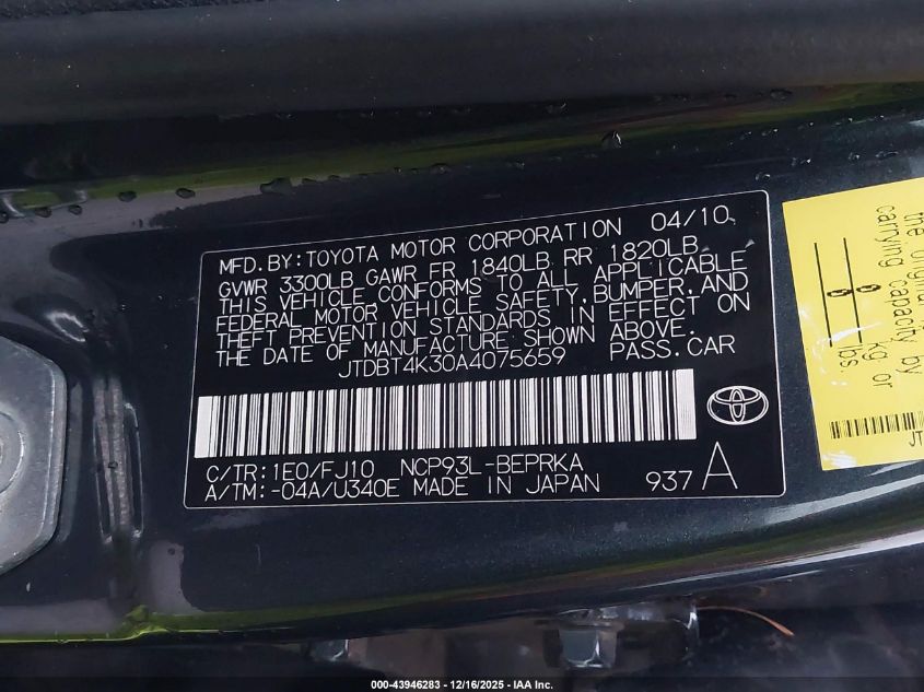 2010 Toyota Yaris VIN: JTDBT4K30A4075659 Lot: 43946283