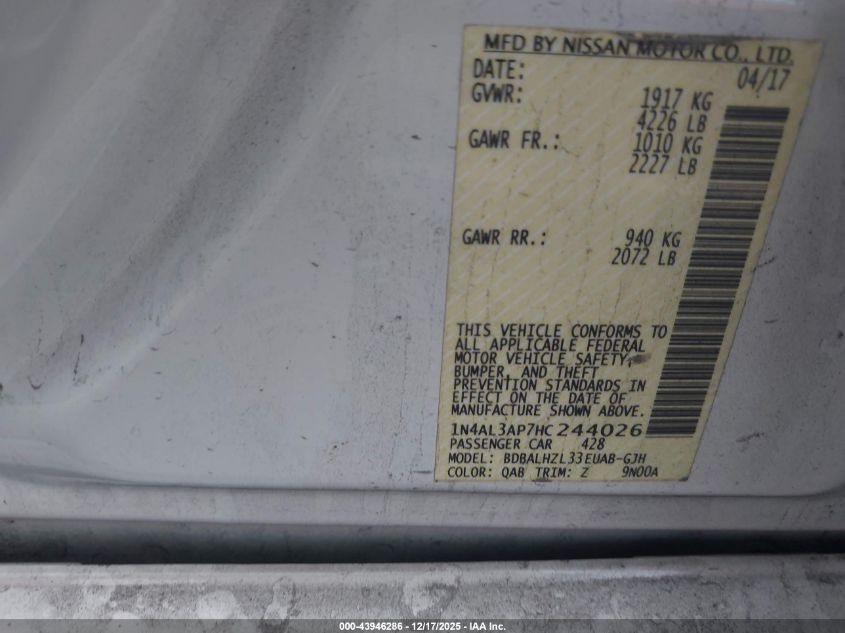 2017 Nissan Altima 2.5 Sr VIN: 1N4AL3AP7HC244026 Lot: 43946286