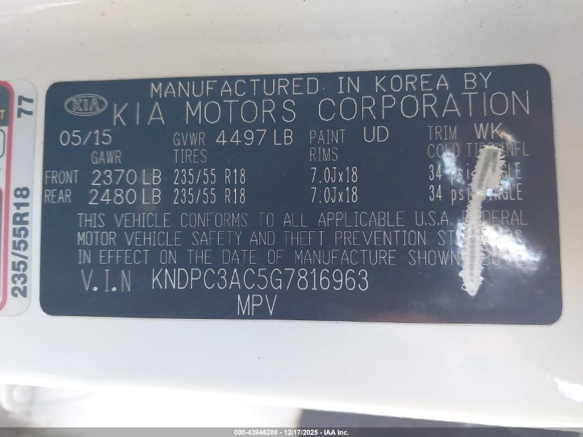 2016 Kia Sportage Ex VIN: KNDPC3AC5G7816963 Lot: 43946288