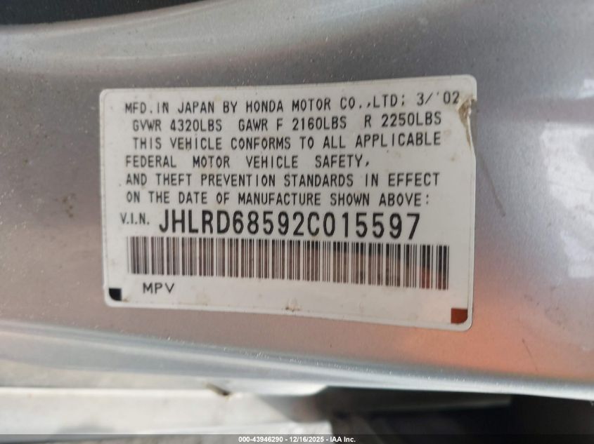 2002 Honda Cr-V Lx VIN: JHLRD68592C015597 Lot: 43946290