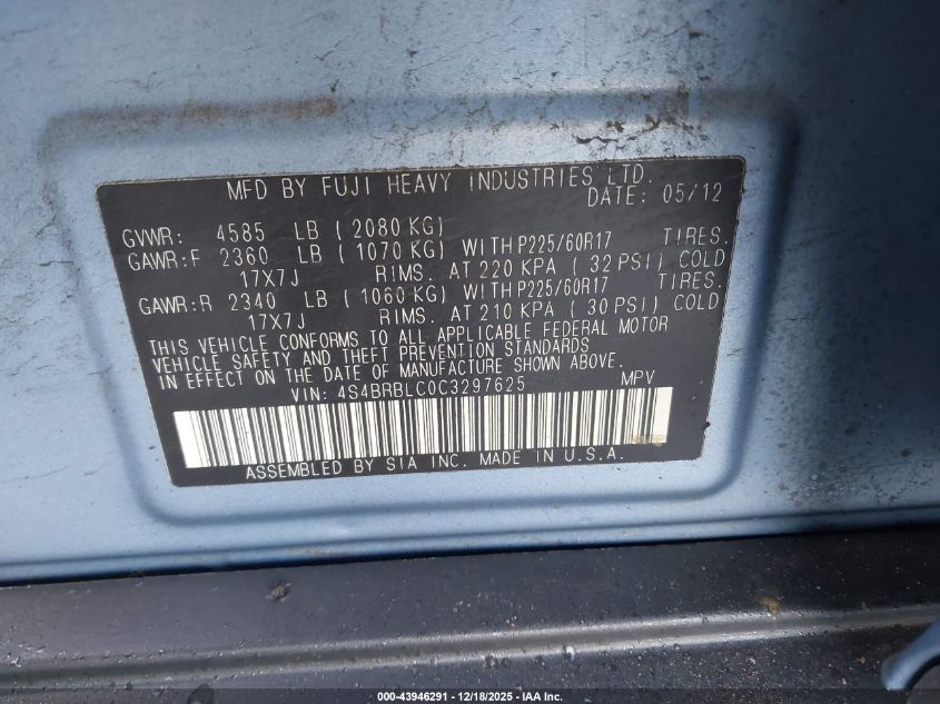 2012 Subaru Outback 2.5I Limited VIN: 4S4BRBLC0C3297625 Lot: 43946291