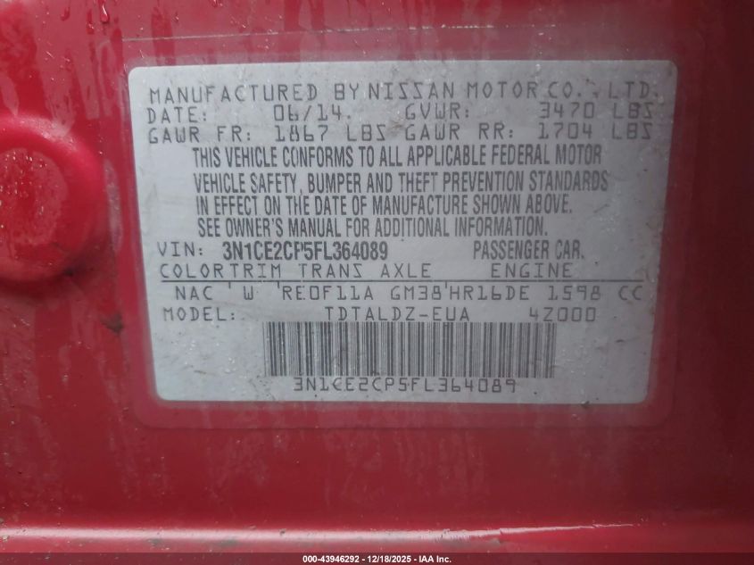 2015 Nissan Versa Note S (Sr)/S Plus/Sl/Sr/Sv VIN: 3N1CE2CP5FL364089 Lot: 43946292
