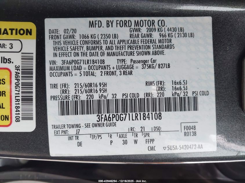 2020 Ford Fusion S VIN: 3FA6P0G71LR184108 Lot: 43946294
