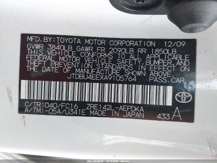 2010 Toyota Corolla Le VIN: JTDBU4EEXA9105764 Lot: 43946299