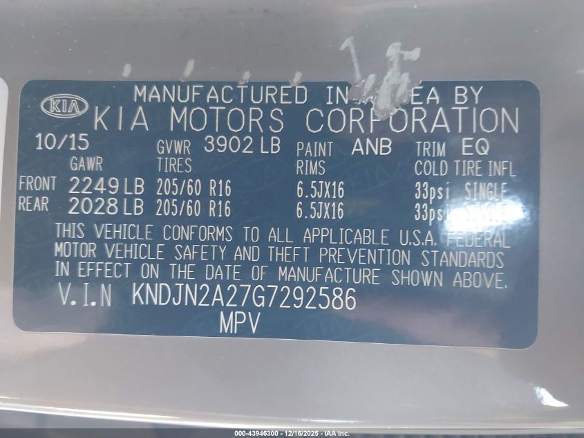 2016 Kia Soul VIN: KNDJN2A27G7292586 Lot: 43946300