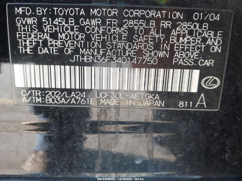 2004 Lexus Ls 430 VIN: JTHBN36F340147750 Lot: 43946302
