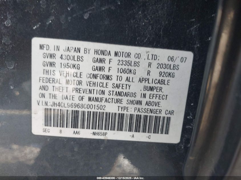 2008 Acura Tsx VIN: JH4CL96968C001502 Lot: 43946306